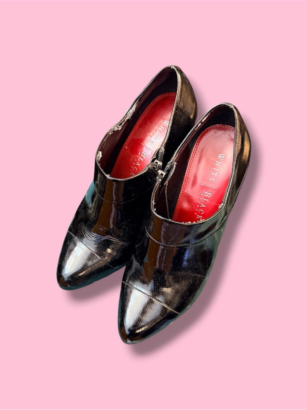 White House Black Market Black Patent Pointed Booties with Red Insole
